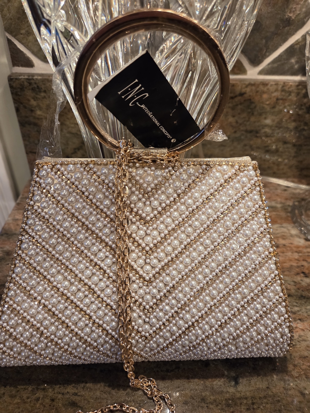 INC International Concepts Pearl-Embellished Gold Evening Bag